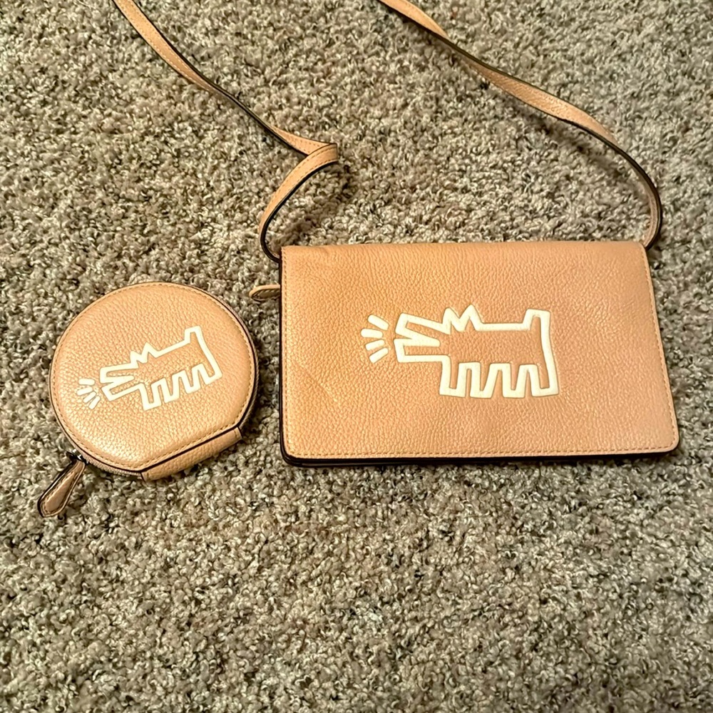 Coach Keith Harring leather beige crossbody purse and coin purse